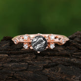 Round Cut Black Rutilated Quartz Engagement Ring Unique Distance Band Ring